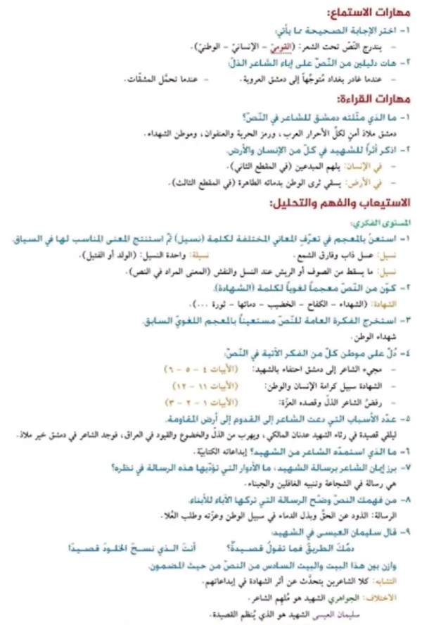 شرح وتحليل قصيدة جمرة الشهداء مع حل اسئلة القصيدة وشرح ابياتها واعرابها