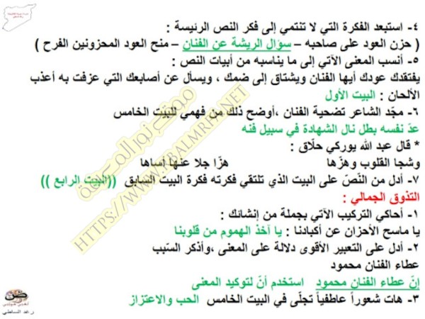 ملخص شرح واعراب قصيدة دمعة علي الفن في اللغة العربية للصف السابع الفصل الاول