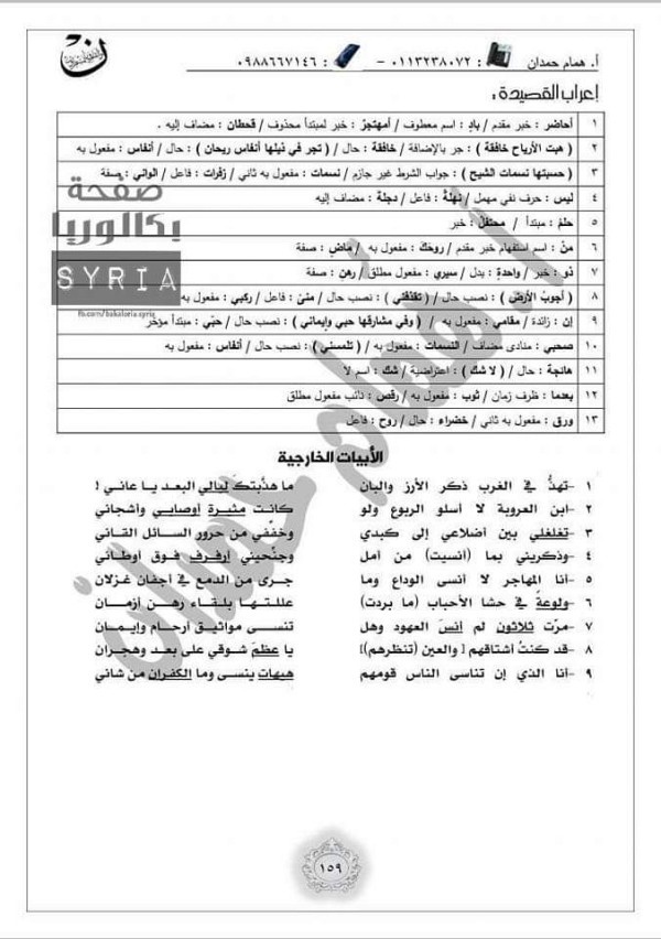 إعراب وحل اسئلة قصيدة المهاجر بكالوريا