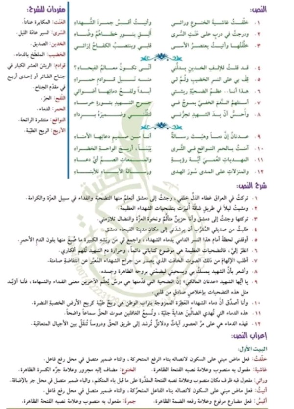شرح وتحليل قصيدة جمرة الشهداء مع حل اسئلة القصيدة وشرح ابياتها