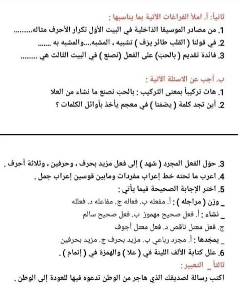 نموذج امتحان لغة عربية الصف السابع الفصل الاول