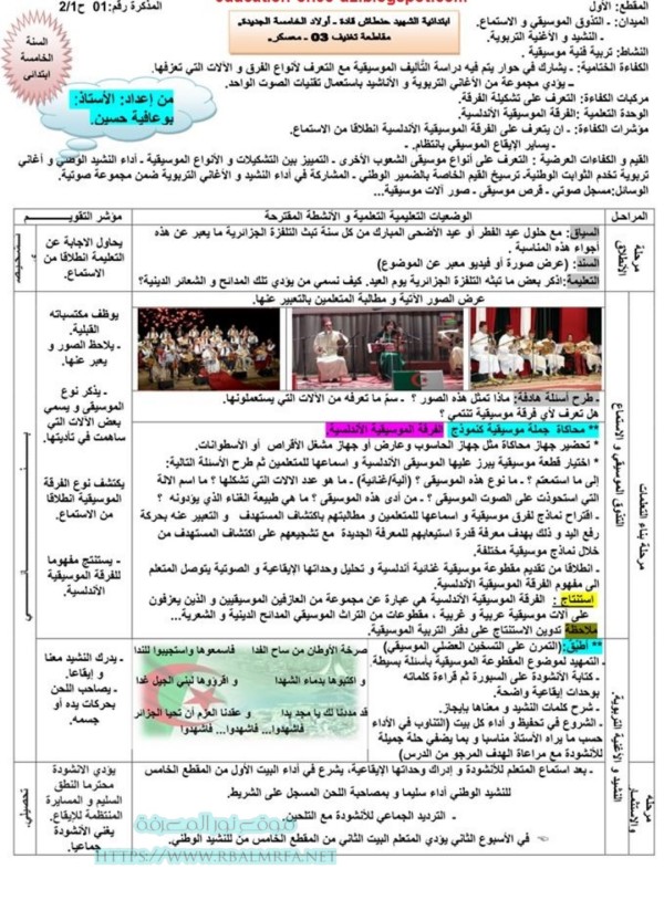 شرح درس الفرقة الموسيقية الأندلسية المقطع الاول في التربية الفنية الموسيقية للسنة 5 ابتدائي