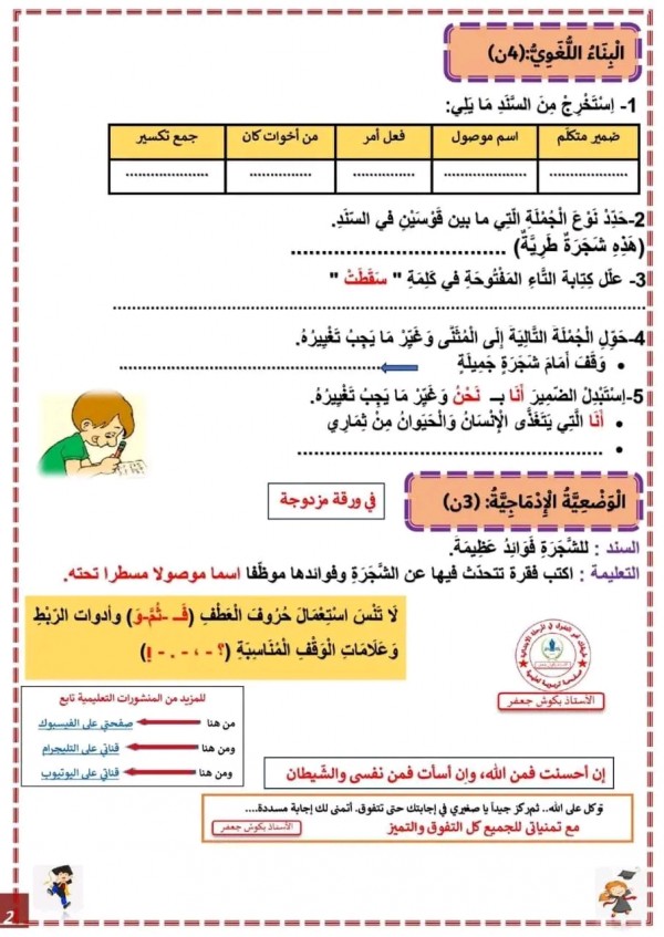 نماذج اختبار الفصل الثاني في اللغة العربية للسنة الثالثة ابتدائي